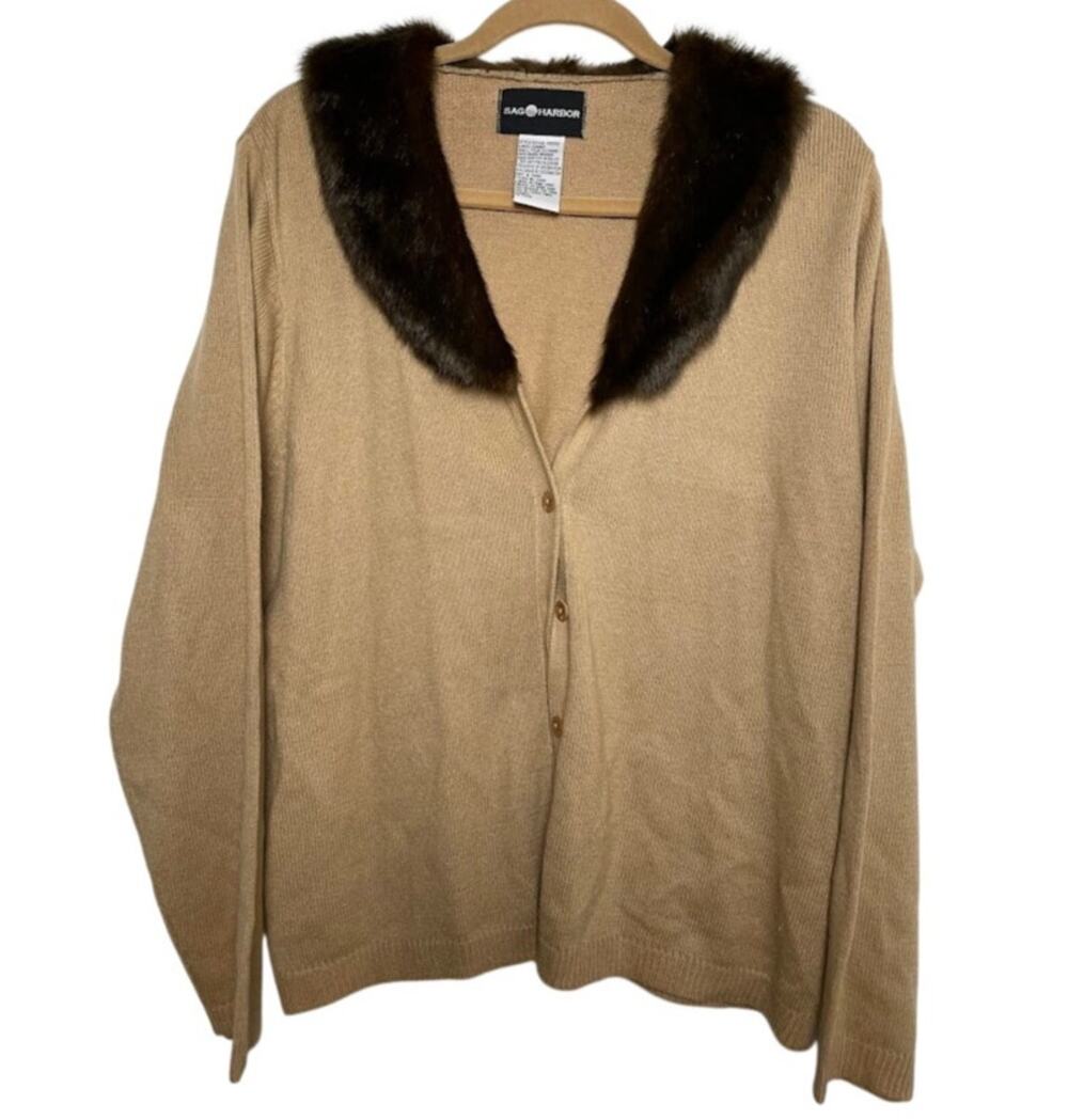 VTG Faux Fur Trim Cardigan Sweater Button up Brown 90's Glam Fur Collar Size Lrg